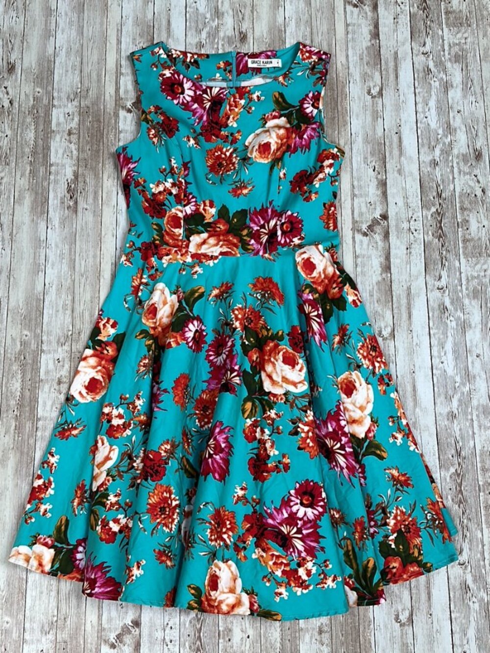 Grace Karin Dress sz Medium Floral Flare Swing Sleeveless Turquoise Blue Cotton